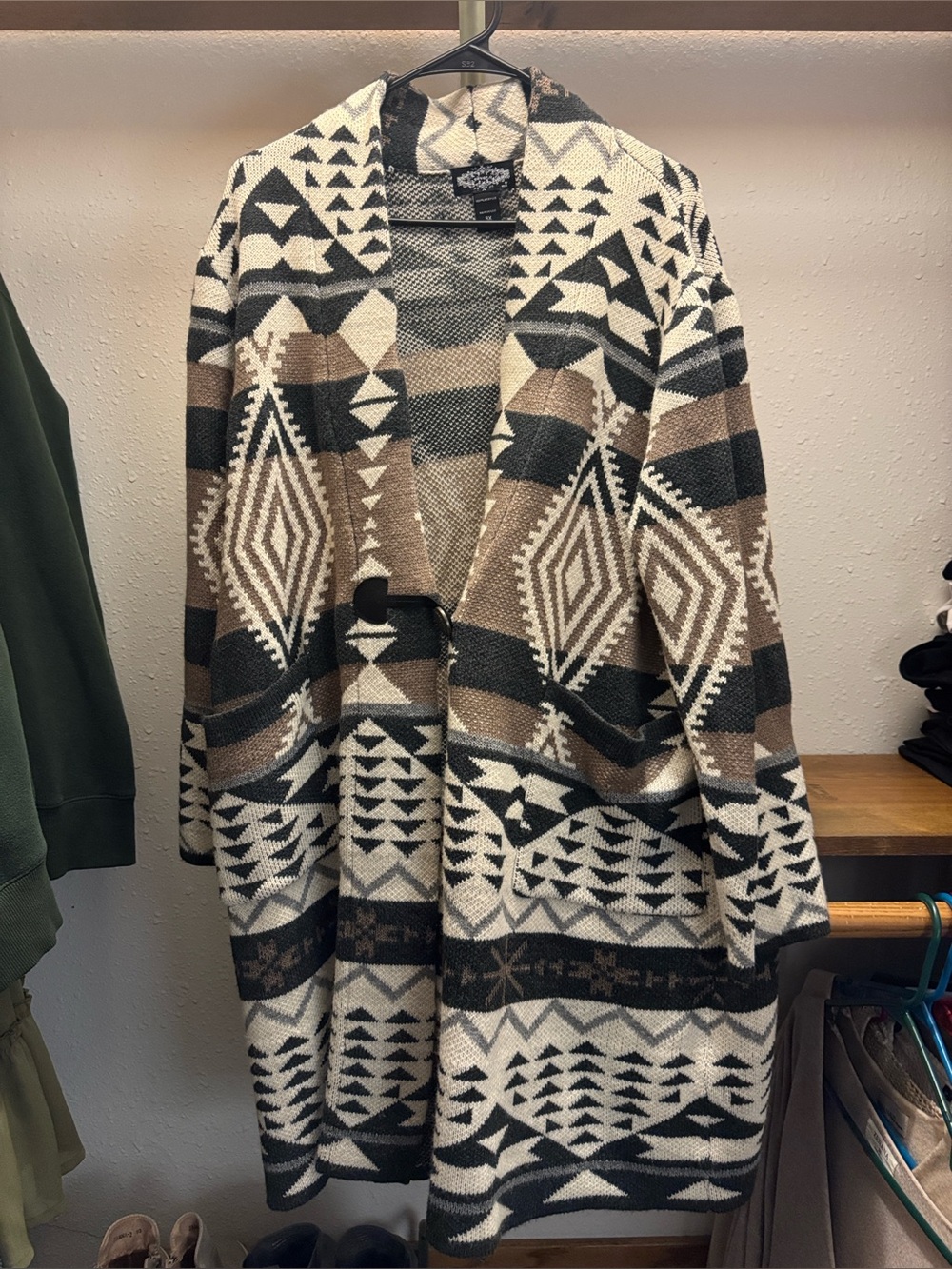 Geometric Aztec Shawl Collar Women Cardigan - Brown/Black/Cream